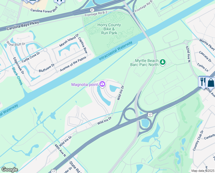 map of restaurants, bars, coffee shops, grocery stores, and more near 4855 Luster Leaf Circle in Myrtle Beach