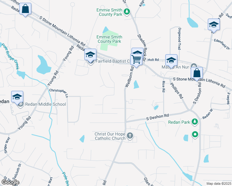 map of restaurants, bars, coffee shops, grocery stores, and more near 1572 Duren Farms Drive in Lithonia