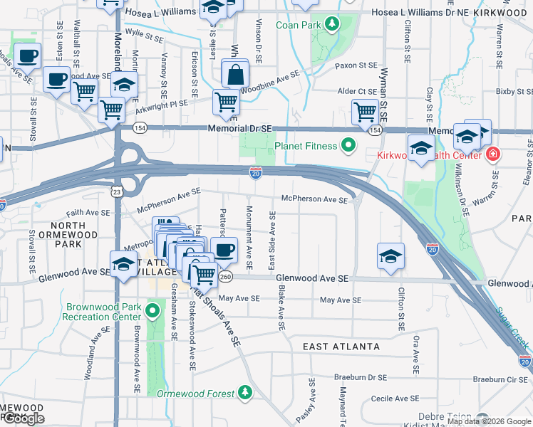 map of restaurants, bars, coffee shops, grocery stores, and more near 377 East Side Avenue Southeast in Atlanta