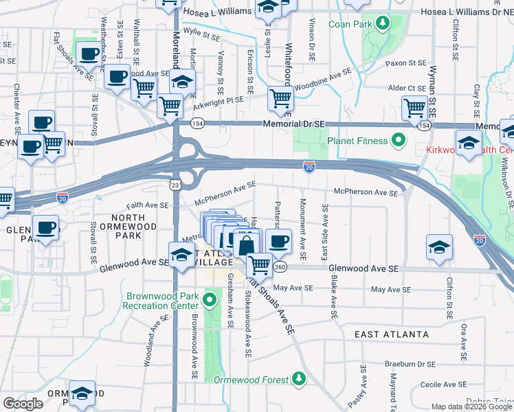 map of restaurants, bars, coffee shops, grocery stores, and more near 1345 McPherson Avenue Southeast in Atlanta