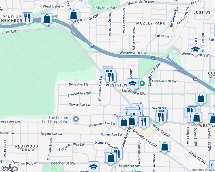 map of restaurants, bars, coffee shops, grocery stores, and more near 437 East Ontario Avenue Southwest in Atlanta