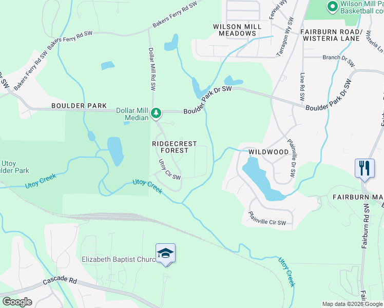 map of restaurants, bars, coffee shops, grocery stores, and more near 376 Dollar Mill Court Southwest in Atlanta