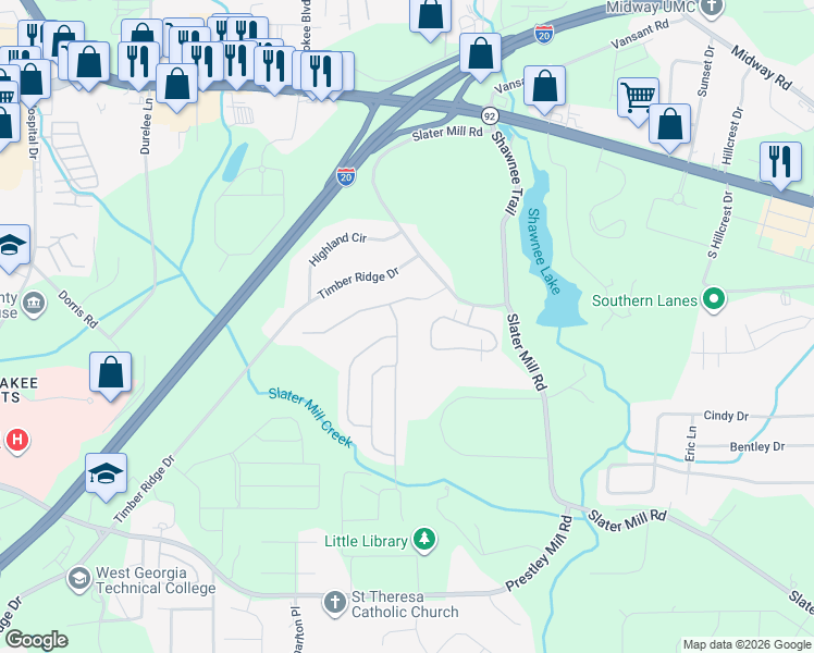 map of restaurants, bars, coffee shops, grocery stores, and more near 8714 Hamil Court in Douglasville