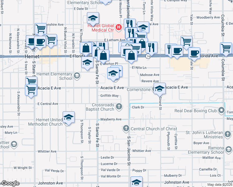 map of restaurants, bars, coffee shops, grocery stores, and more near 1080 Acacia East Avenue in Hemet