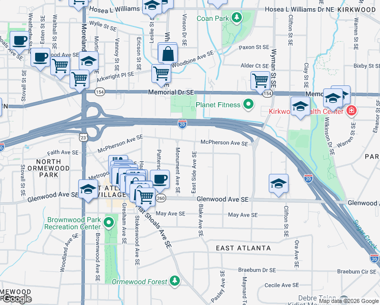 map of restaurants, bars, coffee shops, grocery stores, and more near 1441 McPherson Avenue Southeast in Atlanta