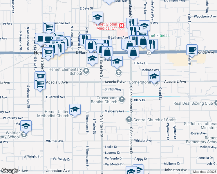 map of restaurants, bars, coffee shops, grocery stores, and more near 926 Griffith Way in Hemet