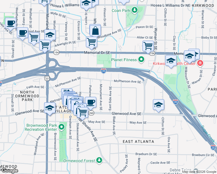 map of restaurants, bars, coffee shops, grocery stores, and more near 377 East Side Avenue Southeast in Atlanta