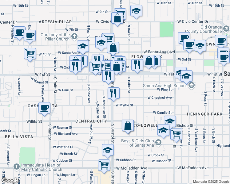 map of restaurants, bars, coffee shops, grocery stores, and more near 217 South Bristol Street in Santa Ana