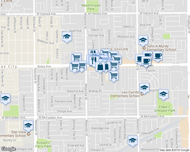 map of restaurants, bars, coffee shops, grocery stores, and more near 9077 Collier Lane in Westminster