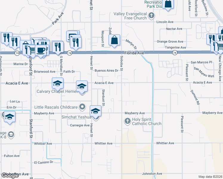map of restaurants, bars, coffee shops, grocery stores, and more near 26060 Fiesta Place in Hemet