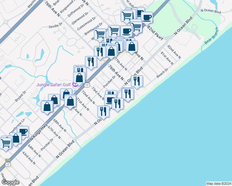 map of restaurants, bars, coffee shops, grocery stores, and more near 7401 North Ocean Boulevard in Myrtle Beach