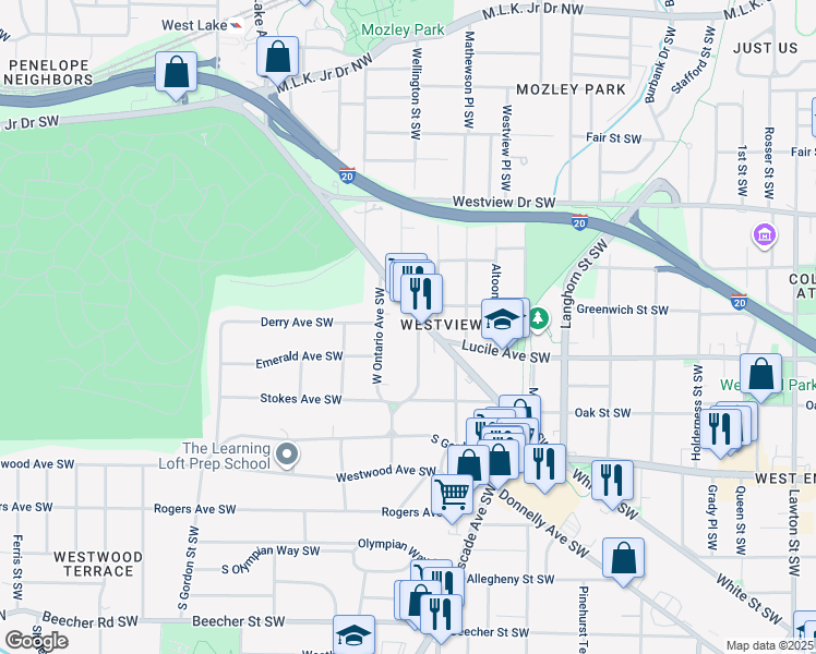 map of restaurants, bars, coffee shops, grocery stores, and more near 437 East Ontario Avenue Southwest in Atlanta