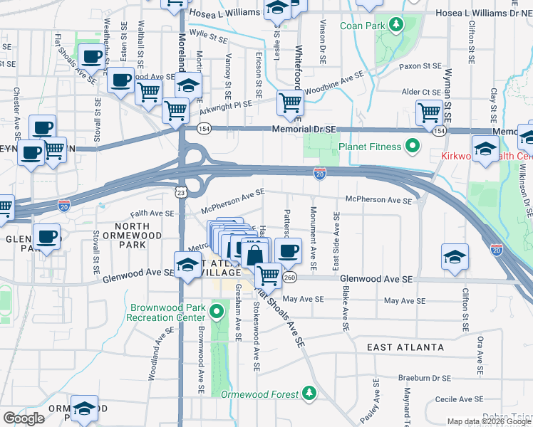 map of restaurants, bars, coffee shops, grocery stores, and more near 1345 McPherson Avenue Southeast in Atlanta