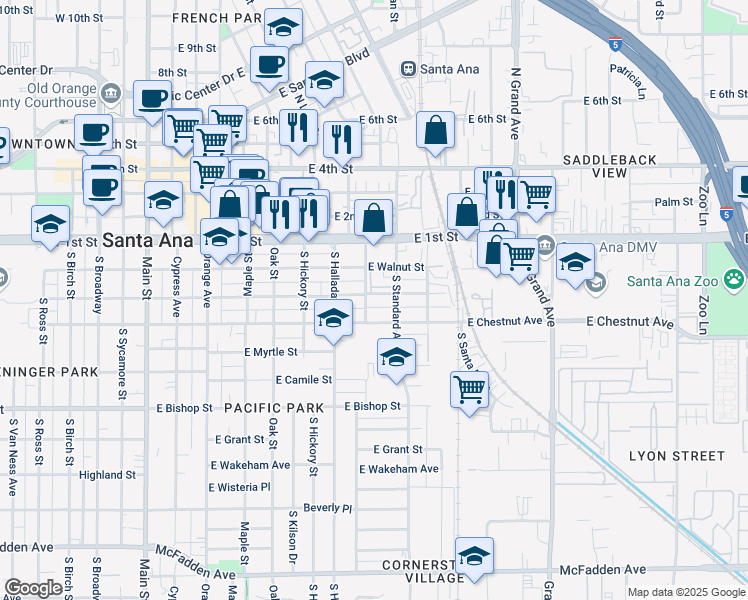 map of restaurants, bars, coffee shops, grocery stores, and more near 802 East Pine Street in Santa Ana