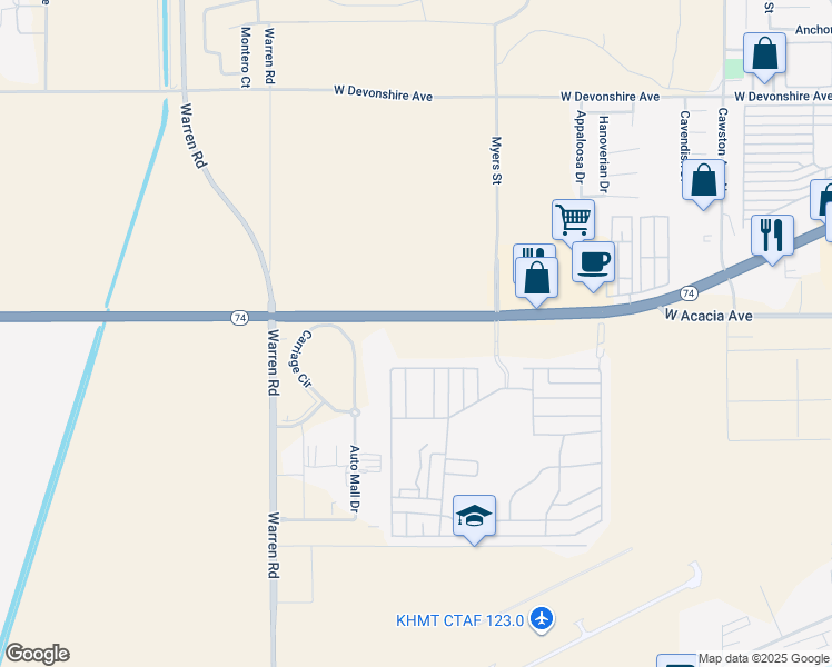 map of restaurants, bars, coffee shops, grocery stores, and more near 5001 West Florida Avenue in Hemet