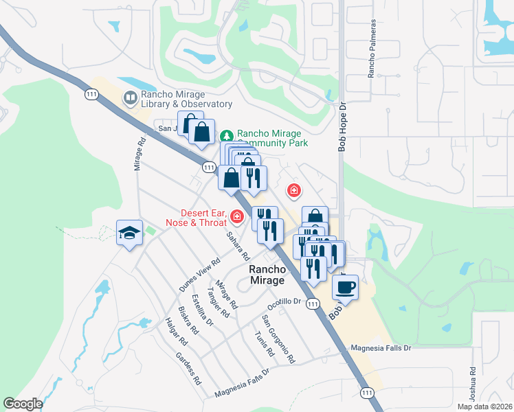 map of restaurants, bars, coffee shops, grocery stores, and more near 71680 California 111 in Rancho Mirage
