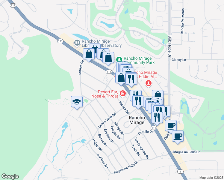 map of restaurants, bars, coffee shops, grocery stores, and more near Sahara Road in Rancho Mirage