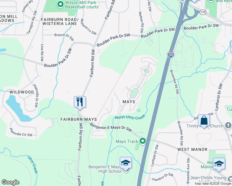 map of restaurants, bars, coffee shops, grocery stores, and more near 610 Providence Place Southwest in Atlanta