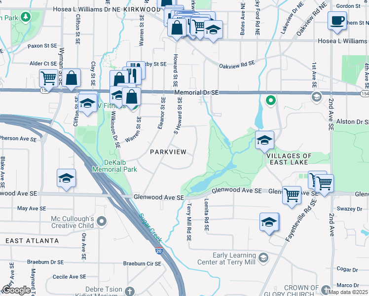 map of restaurants, bars, coffee shops, grocery stores, and more near 1650 Eastport Terrace Southeast in Atlanta