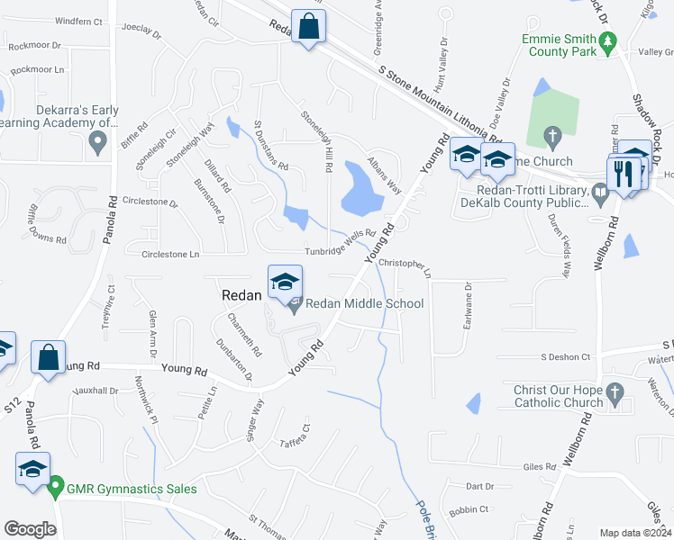 map of restaurants, bars, coffee shops, grocery stores, and more near 5726 Dorian Court in Lithonia