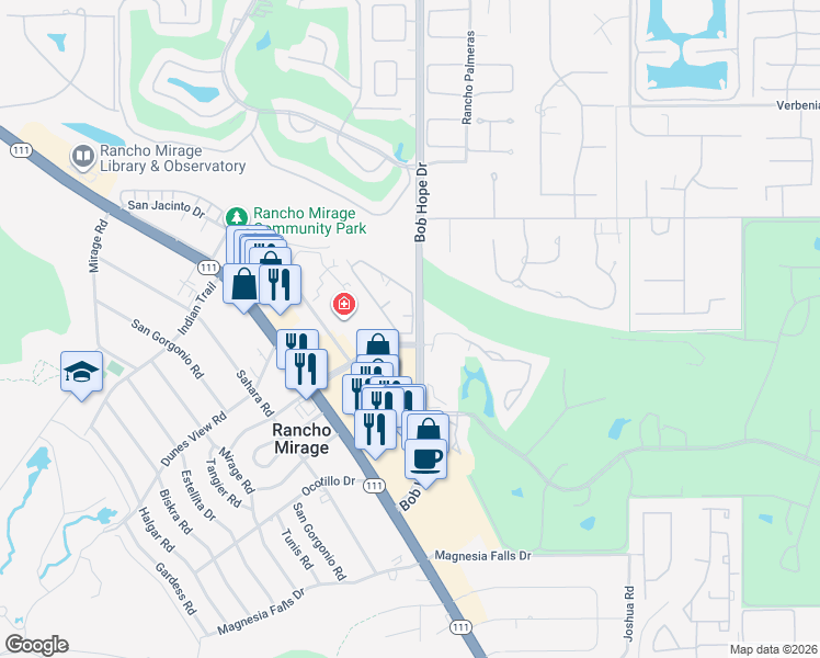 map of restaurants, bars, coffee shops, grocery stores, and more near 71990 Eleanora Lane in Rancho Mirage