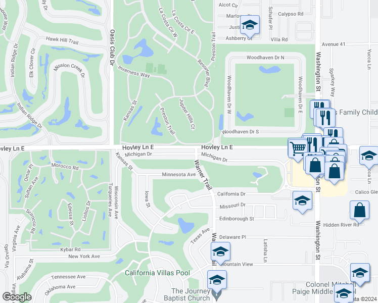 map of restaurants, bars, coffee shops, grocery stores, and more near 77340 Michigan Drive in Palm Desert