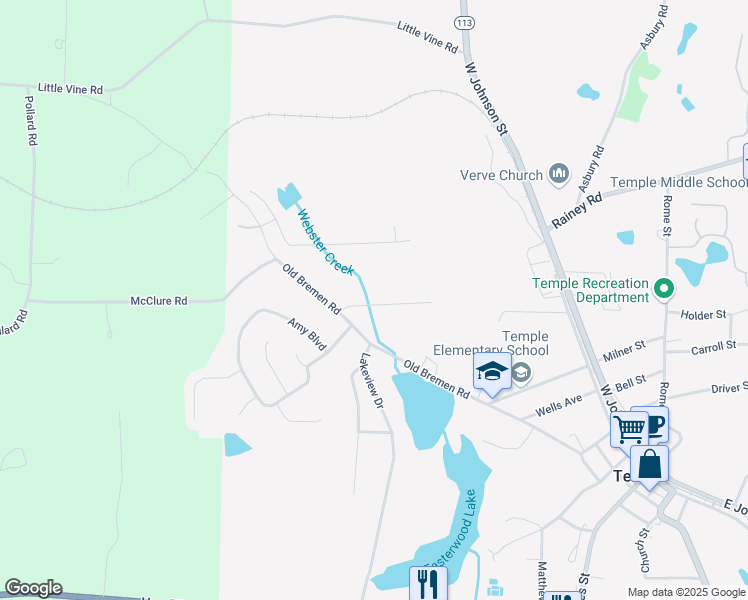 map of restaurants, bars, coffee shops, grocery stores, and more near 114 Iverson Place in Temple