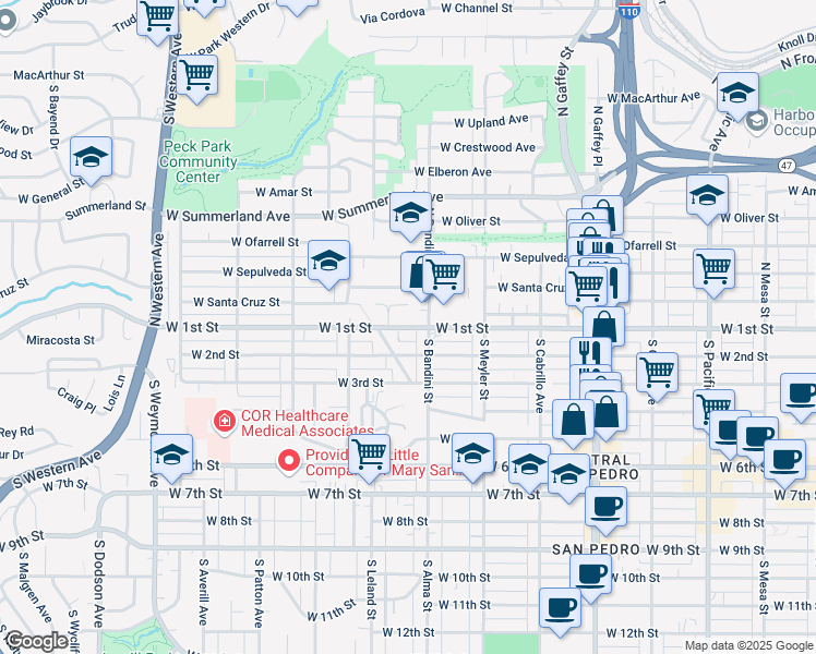 map of restaurants, bars, coffee shops, grocery stores, and more near 1032 West 1st Street in Los Angeles County