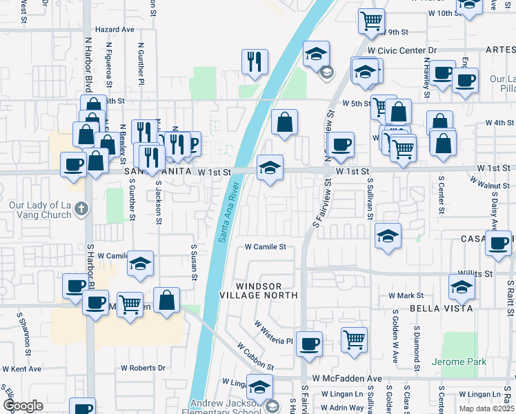 map of restaurants, bars, coffee shops, grocery stores, and more near 302 Teton Way in Santa Ana