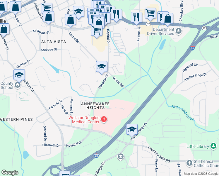 map of restaurants, bars, coffee shops, grocery stores, and more near 8700 Hospital Drive in Douglasville
