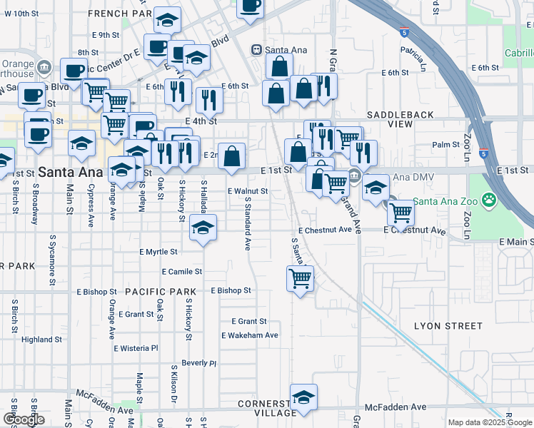 map of restaurants, bars, coffee shops, grocery stores, and more near 926 East Pine Street in Santa Ana