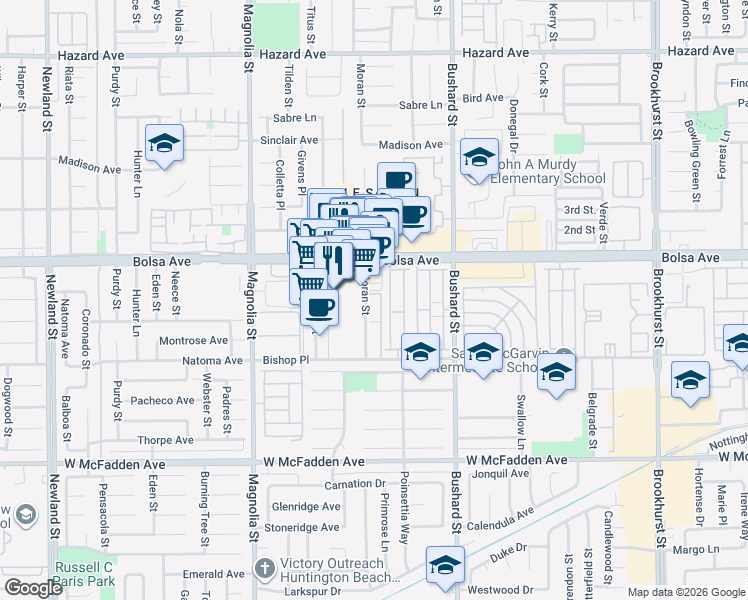 map of restaurants, bars, coffee shops, grocery stores, and more near 15061 Moran Street in Westminster