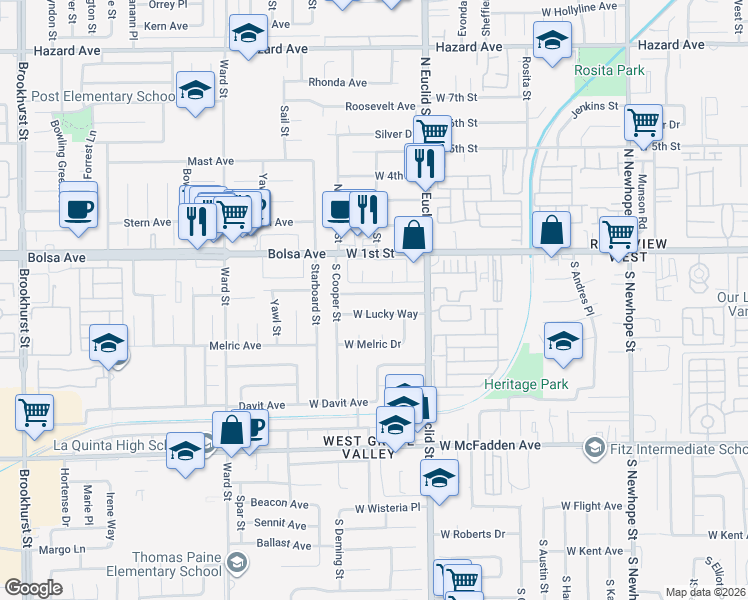 map of restaurants, bars, coffee shops, grocery stores, and more near 5326 West Henderson Place in Santa Ana