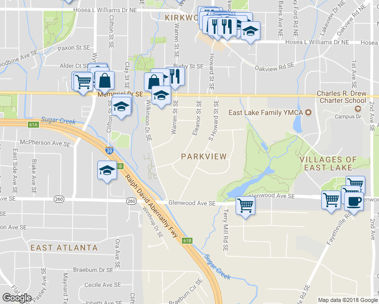 map of restaurants, bars, coffee shops, grocery stores, and more near 332 Eleanor Street Southeast in Atlanta