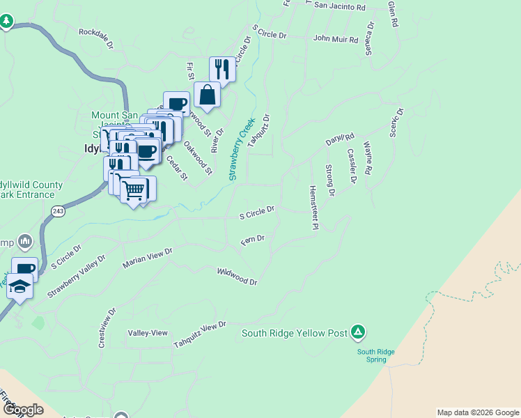map of restaurants, bars, coffee shops, grocery stores, and more near 54830 South Circle Drive in Idyllwild-Pine Cove