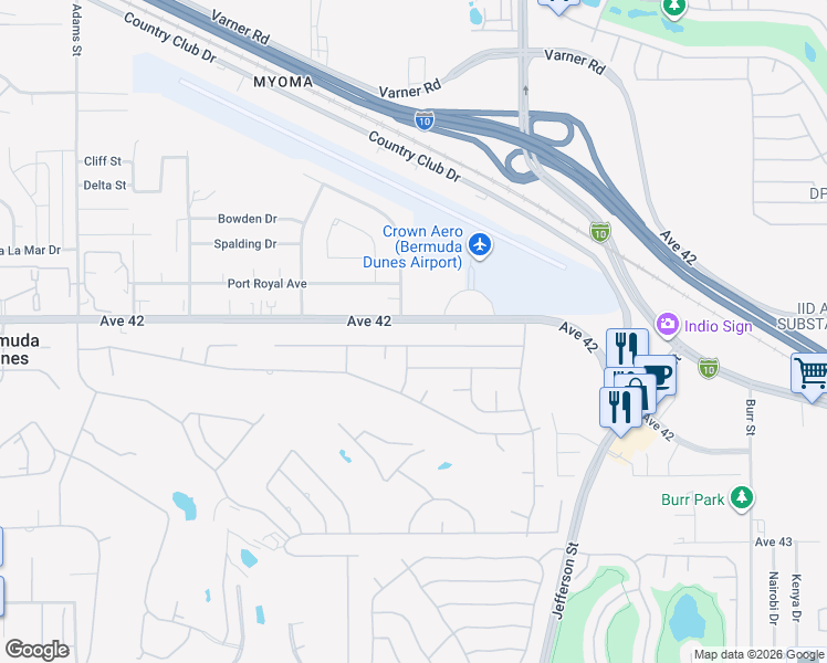map of restaurants, bars, coffee shops, grocery stores, and more near 79741 Avenue 42 in Bermuda Dunes