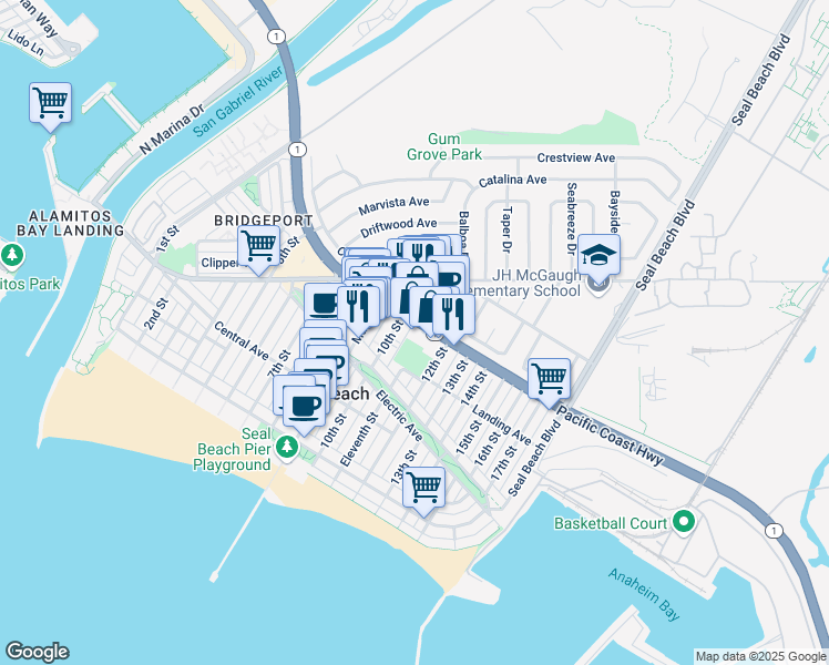 map of restaurants, bars, coffee shops, grocery stores, and more near 1065 Pacific Coast Highway in Seal Beach