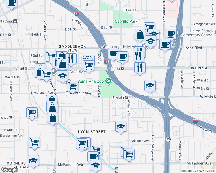 map of restaurants, bars, coffee shops, grocery stores, and more near 1801 East Chestnut Avenue in Santa Ana