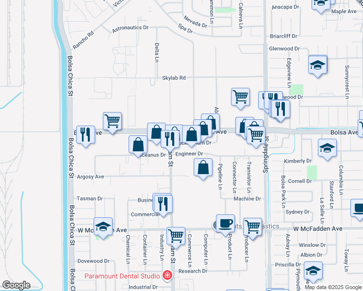 map of restaurants, bars, coffee shops, grocery stores, and more near 5566 Bolsa Avenue in Huntington Beach