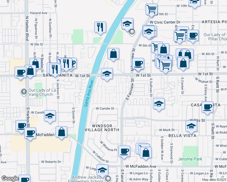 map of restaurants, bars, coffee shops, grocery stores, and more near in Santa Ana