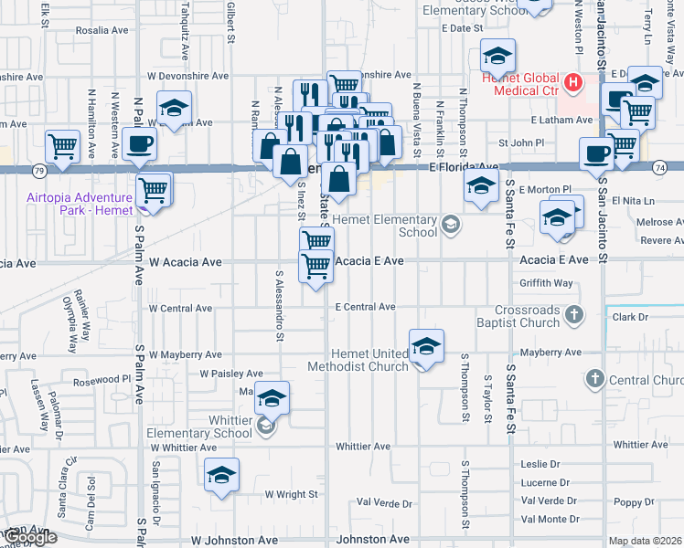 map of restaurants, bars, coffee shops, grocery stores, and more near 323 South Harvard Street in Hemet