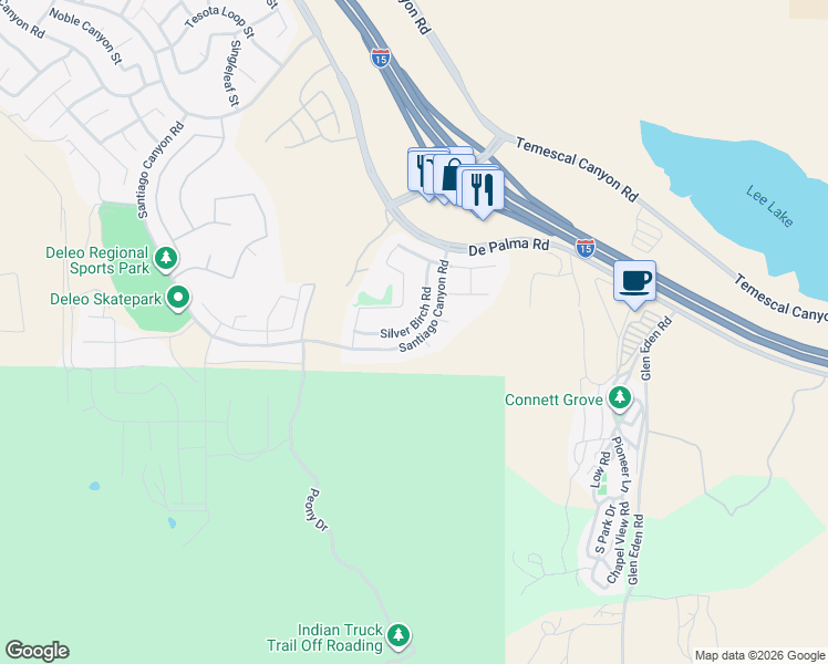 map of restaurants, bars, coffee shops, grocery stores, and more near 11772 Silver Birch Road in Corona
