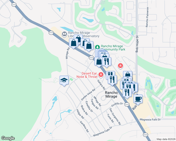 map of restaurants, bars, coffee shops, grocery stores, and more near 71534 Sahara Road in Rancho Mirage