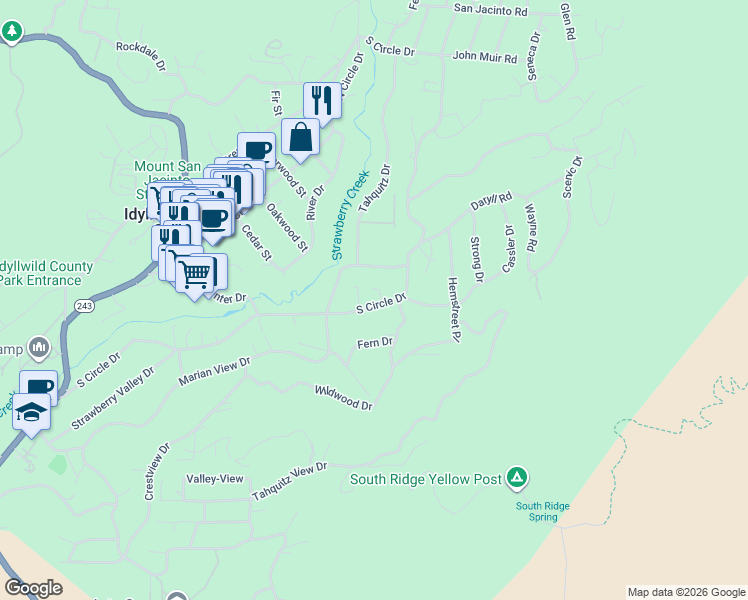 map of restaurants, bars, coffee shops, grocery stores, and more near 54820 South Circle Drive in Idyllwild-Pine Cove