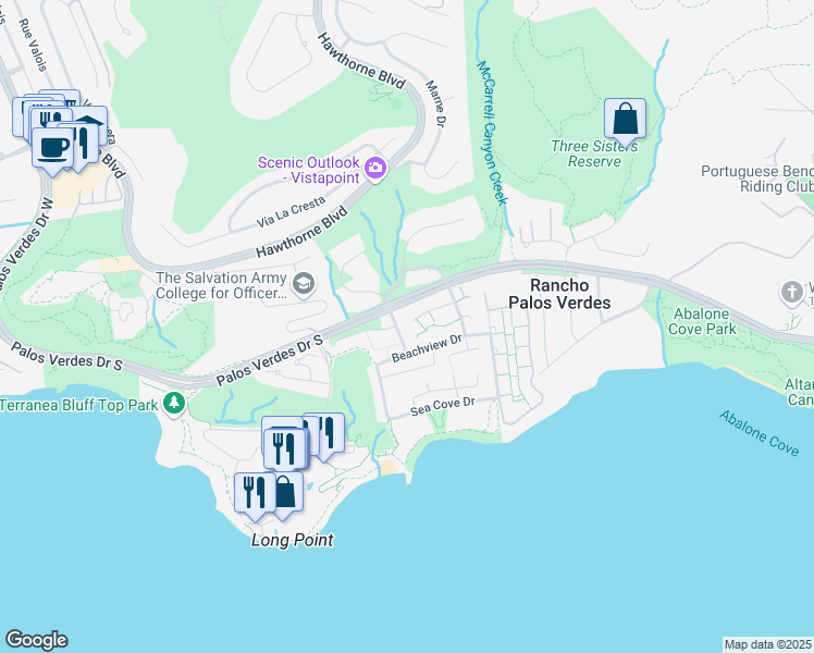 map of restaurants, bars, coffee shops, grocery stores, and more near 6527 Sandy Point Court in Rancho Palos Verdes