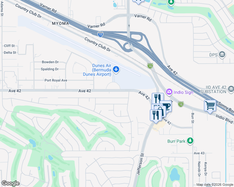 map of restaurants, bars, coffee shops, grocery stores, and more near 79860 Avenue 42 in Bermuda Dunes