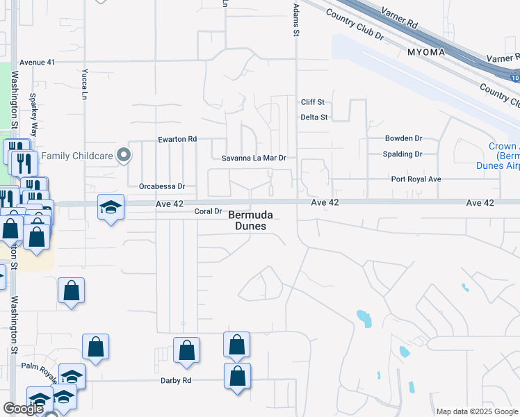 map of restaurants, bars, coffee shops, grocery stores, and more near 78650 Avenue 42 in Bermuda Dunes