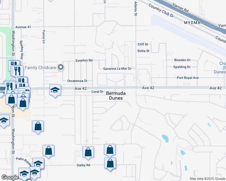 map of restaurants, bars, coffee shops, grocery stores, and more near 78650 Avenue 42 in Bermuda Dunes