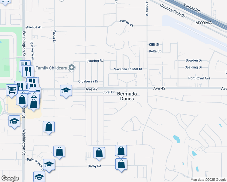 map of restaurants, bars, coffee shops, grocery stores, and more near 78650 Avenue 42 in Bermuda Dunes
