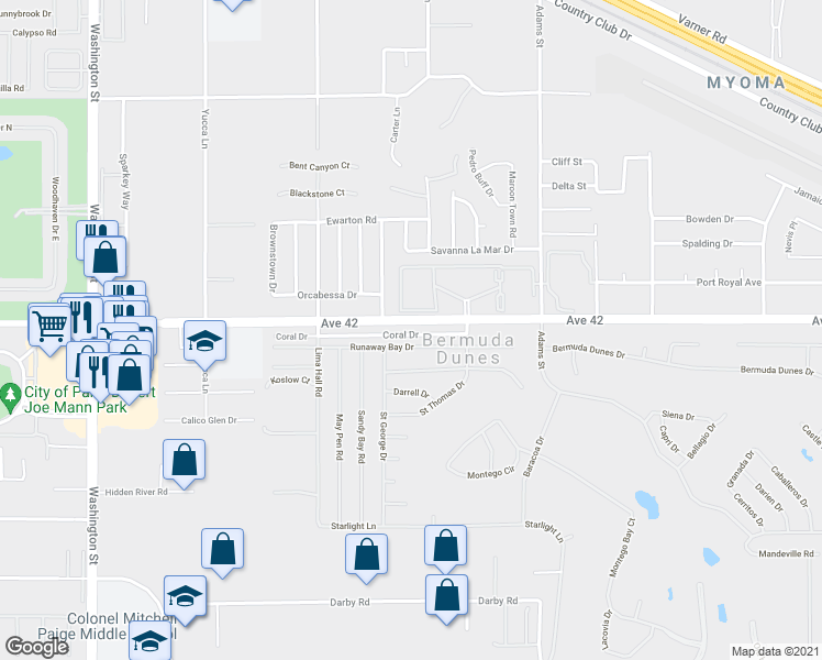 map of restaurants, bars, coffee shops, grocery stores, and more near 78642 Avenue 42 in Bermuda Dunes